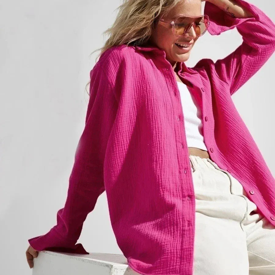 T-line Women's 100% Cotton Shirts, Solid color,  Long Sleeve, Loose Top,s Crepe Shirts, blouse (2 weeks delivery)