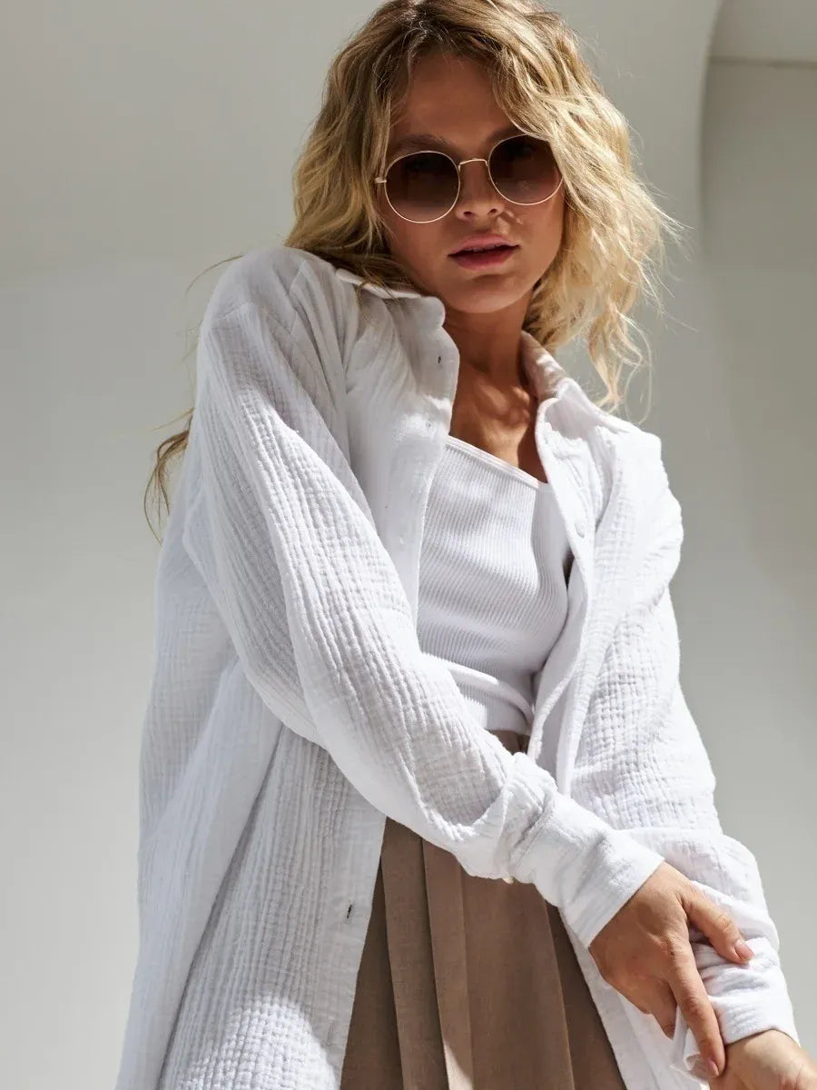 T-line Women's 100% Cotton Shirts, Solid color,  Long Sleeve, Loose Top,s Crepe Shirts, blouse (2 weeks delivery)