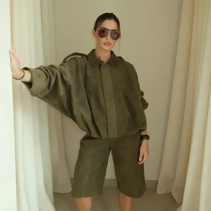 T-line Women's 2026 Spring New 2-piece Fashion Suede Casual Minimalist Pilot Jacket and Shorts Skirt Set