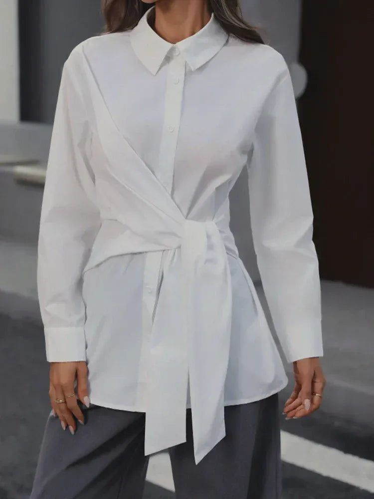 T-line Women's  Collar Button-Up, Long Sleeve, Shirt with Waist-Cinching, (2 weeks delivery)