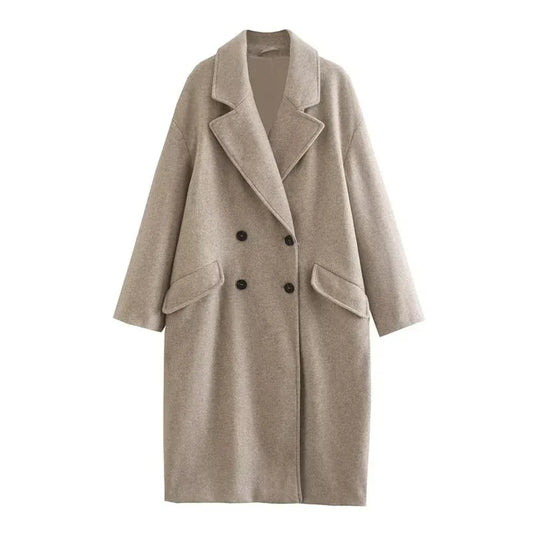 T-line Women's  Double-Breasted, Warm, Trench Coat. Fall And Winter  V-Neck, Long-Sleeved, Pocket, Tweed  Long jacket (2 weeks delivery)