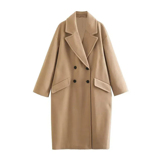 T-line Women's  Double-Breasted, Warm, Trench Coat. Fall And Winter  V-Neck, Long-Sleeved, Pocket, Tweed  Long jacket (2 weeks delivery)