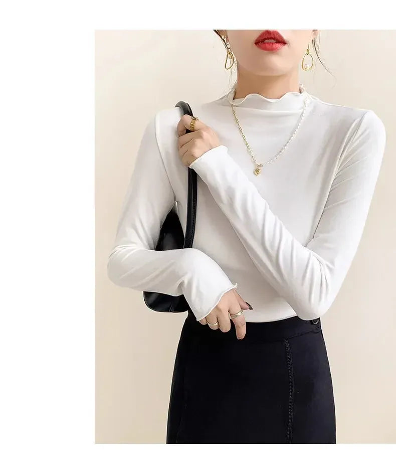 T-line Women's Half Polo Turtle Neck Base Layer Top New Spring Autumn Winter White Long Sleeve T-Shirt Wooden Ear Decoration Stylish Hi