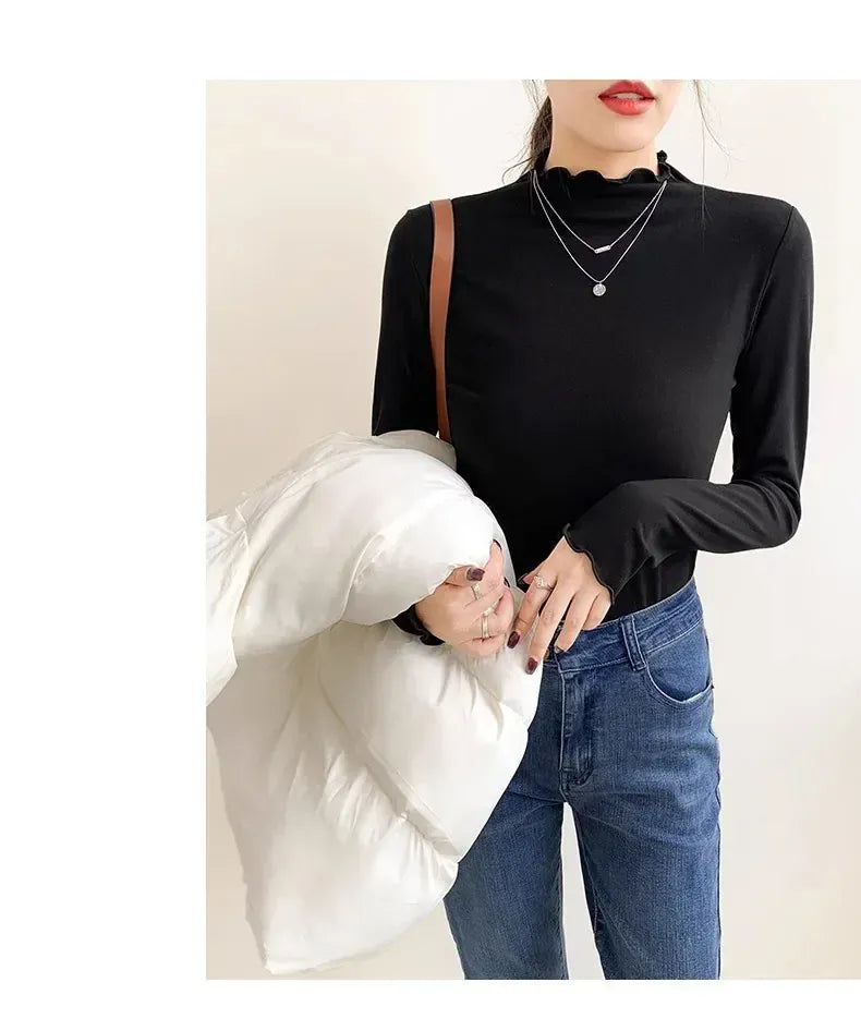 T-line Women's Half Polo Turtle Neck Base Layer Top New Spring Autumn Winter White Long Sleeve T-Shirt Wooden Ear Decoration Stylish Hi