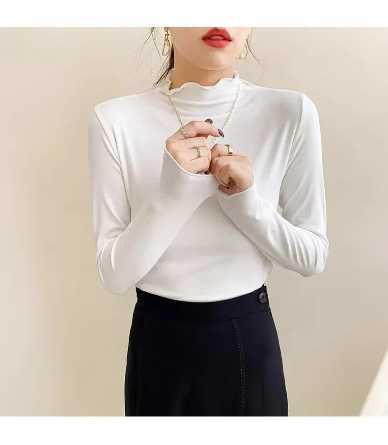 T-line Women's Half Polo Turtle Neck Base Layer Top New Spring Autumn Winter White Long Sleeve T-Shirt Wooden Ear Decoration Stylish Hi