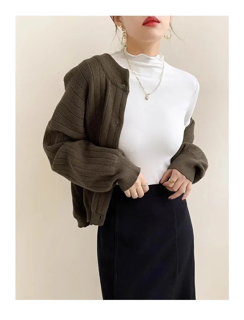 T-line Women's Half Polo Turtle Neck Base Layer Top New Spring Autumn Winter White Long Sleeve T-Shirt Wooden Ear Decoration Stylish Hi