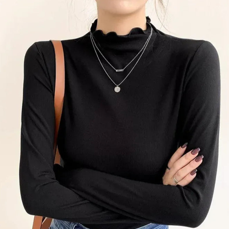 T-line Women's Half Polo Turtle Neck Base Layer Top New Spring Autumn Winter White Long Sleeve T-Shirt Wooden Ear Decoration Stylish Hi