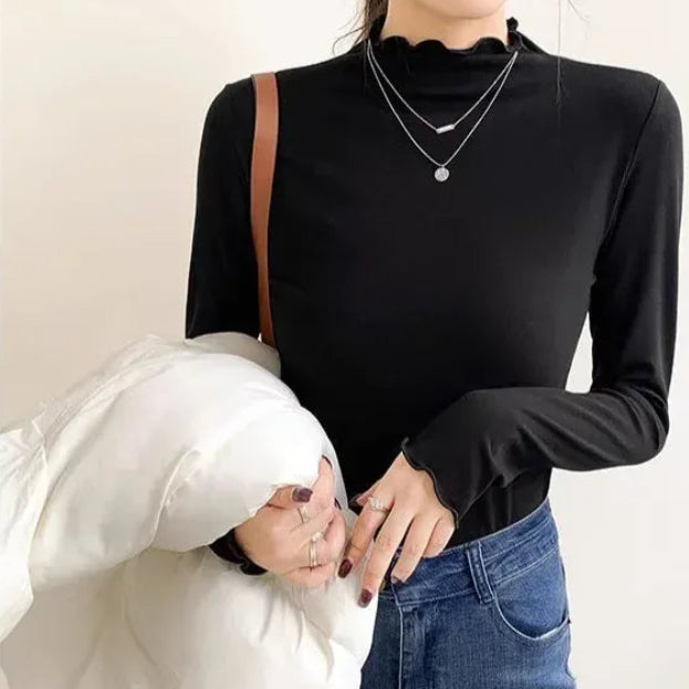 T-line Women's Half Polo Turtle Neck Base Layer Top New Spring Autumn Winter White Long Sleeve T-Shirt Wooden Ear Decoration Stylish Hi
