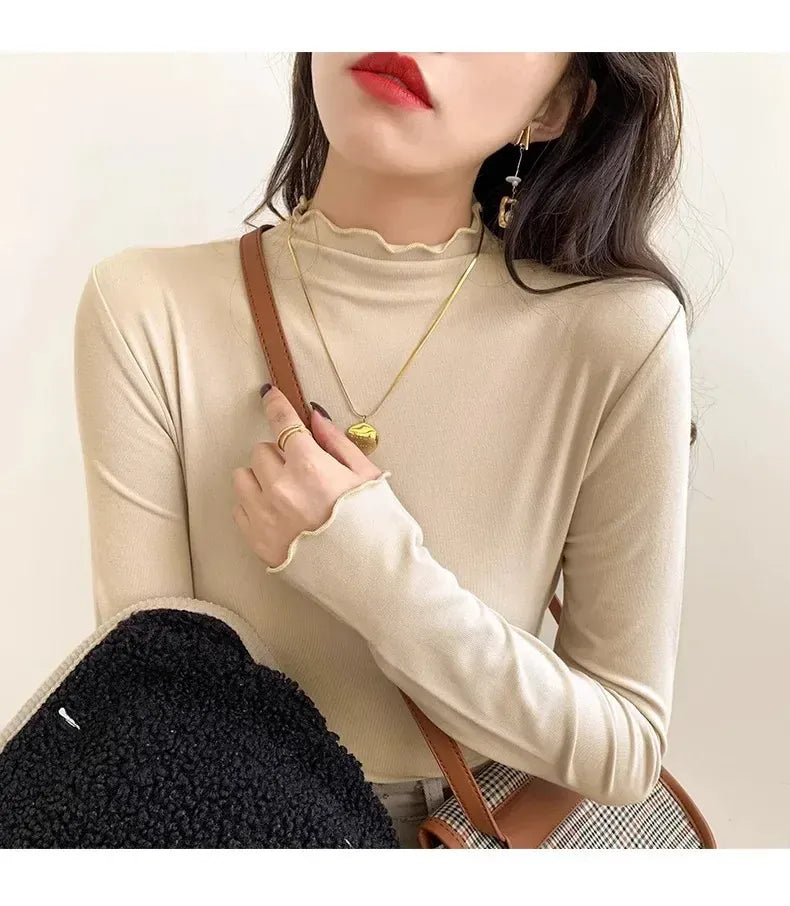 T-line Women's Half Polo Turtle Neck Base Layer Top New Spring Autumn Winter White Long Sleeve T-Shirt Wooden Ear Decoration Stylish Hi