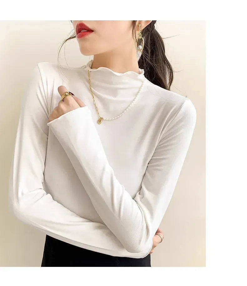 T-line Women's Half Polo Turtle Neck Base Layer Top New Spring Autumn Winter White Long Sleeve T-Shirt Wooden Ear Decoration Stylish Hi