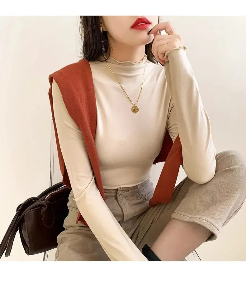 T-line Women's Half Polo Turtle Neck Base Layer Top New Spring Autumn Winter White Long Sleeve T-Shirt Wooden Ear Decoration Stylish Hi