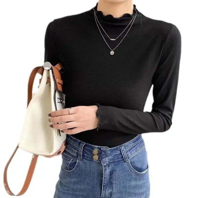 T-line Women's Half Polo Turtle Neck Base Layer Top New Spring Autumn Winter White Long Sleeve T-Shirt Wooden Ear Decoration Stylish Hi