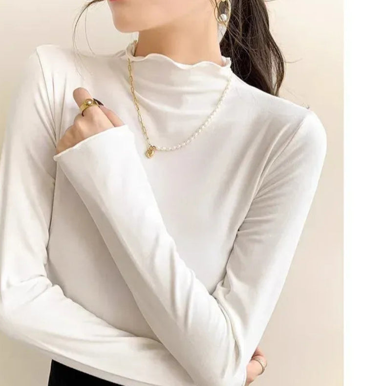 T-line Women's Half Polo Turtle Neck Base Layer Top New Spring Autumn Winter White Long Sleeve T-Shirt Wooden Ear Decoration Stylish Hi