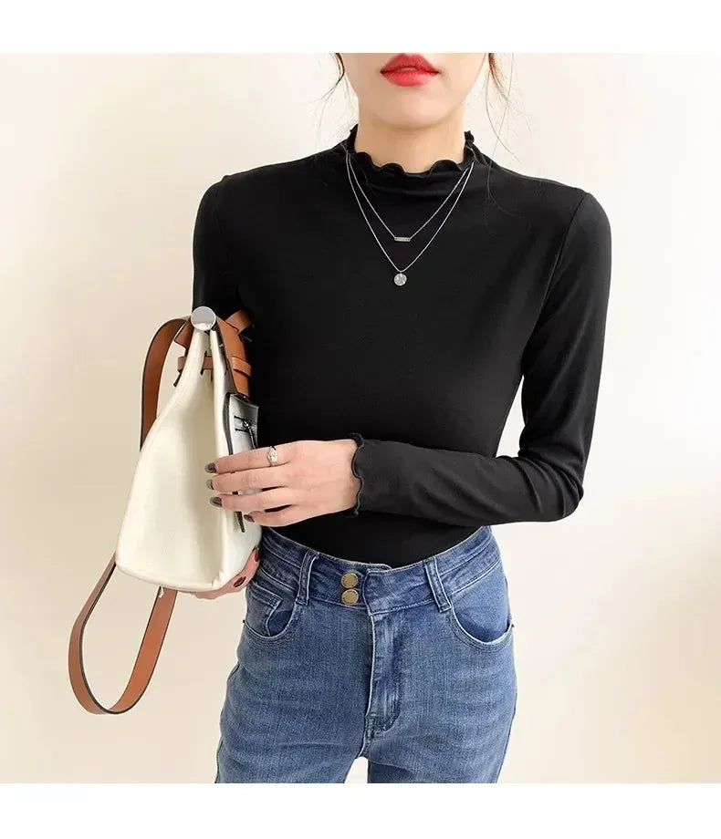 T-line Women's Half Polo Turtle Neck Base Layer Top New Spring Autumn Winter White Long Sleeve T-Shirt Wooden Ear Decoration Stylish Hi