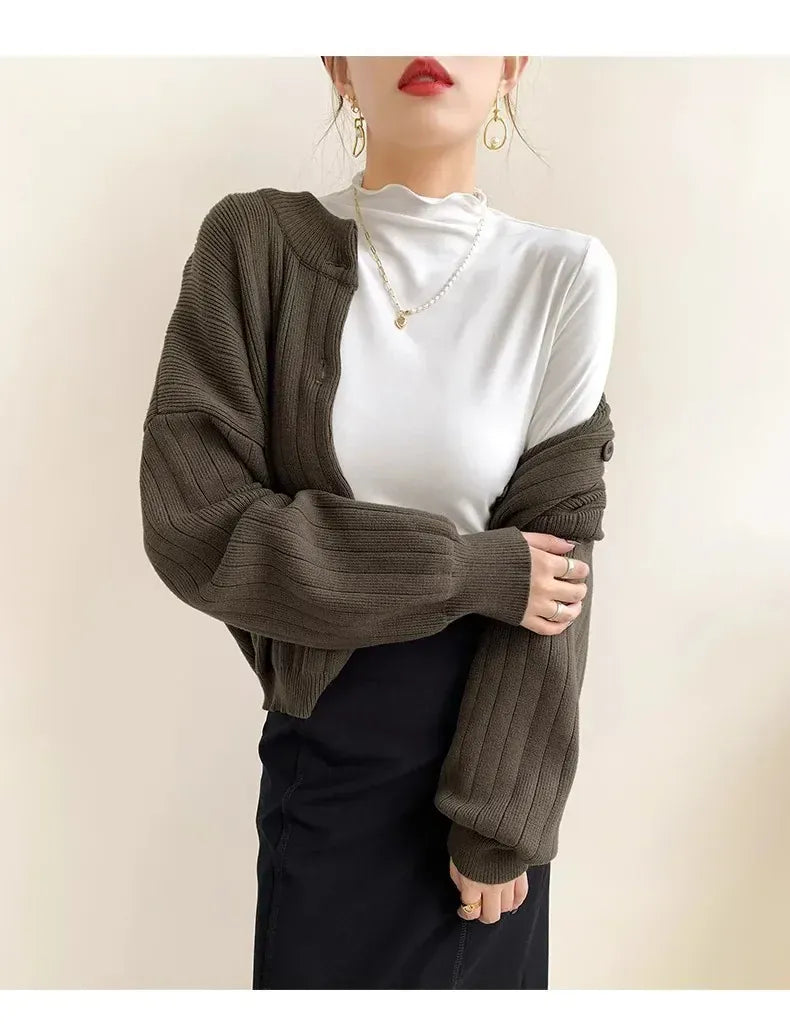 T-line Women's Half Polo Turtle Neck Base Layer Top New Spring Autumn Winter White Long Sleeve T-Shirt Wooden Ear Decoration Stylish Hi