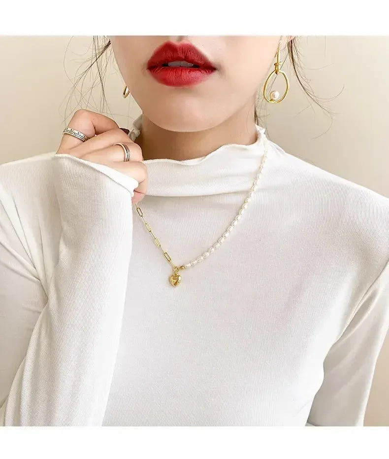 T-line Women's Half Polo Turtle Neck Base Layer Top New Spring Autumn Winter White Long Sleeve T-Shirt Wooden Ear Decoration Stylish Hi