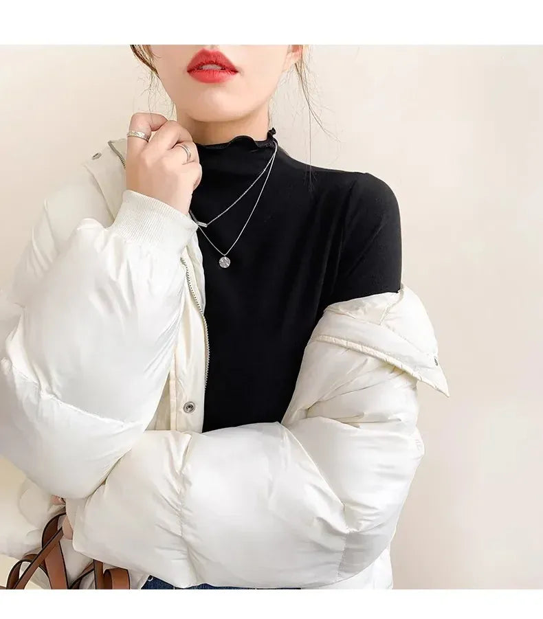 T-line Women's Half Polo Turtle Neck Base Layer Top New Spring Autumn Winter White Long Sleeve T-Shirt Wooden Ear Decoration Stylish Hi