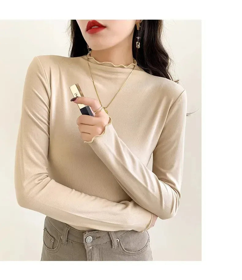T-line Women's Half Polo Turtle Neck Base Layer Top New Spring Autumn Winter White Long Sleeve T-Shirt Wooden Ear Decoration Stylish Hi