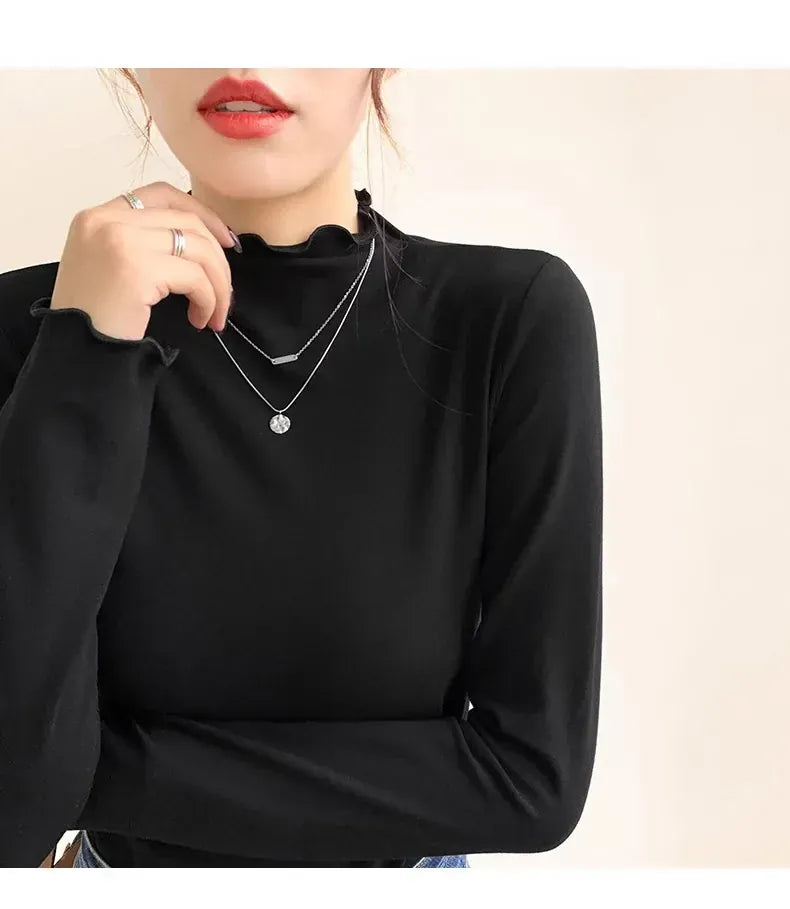 T-line Women's Half Polo Turtle Neck Base Layer Top New Spring Autumn Winter White Long Sleeve T-Shirt Wooden Ear Decoration Stylish Hi