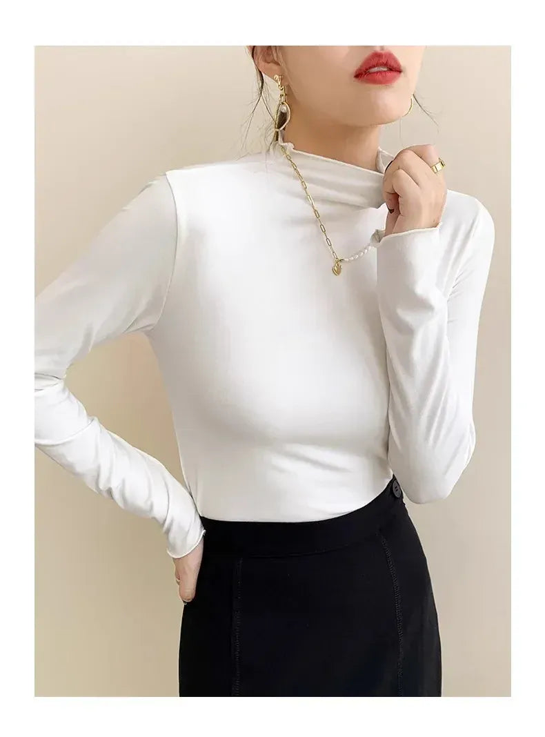 T-line Women's Half Polo Turtle Neck Base Layer Top New Spring Autumn Winter White Long Sleeve T-Shirt Wooden Ear Decoration Stylish Hi