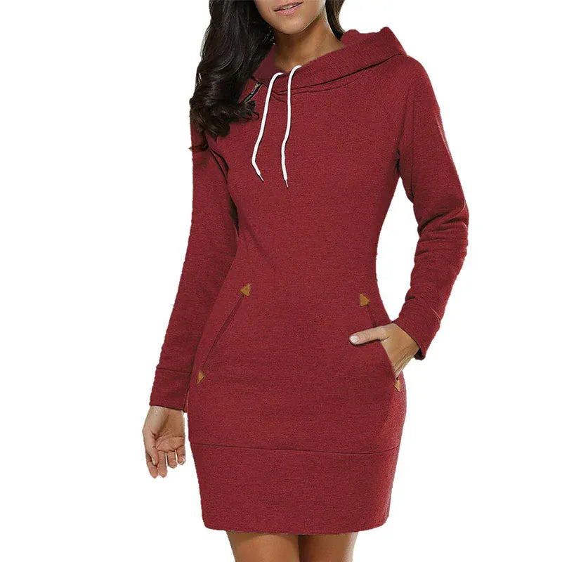 T-line Women‘s Knee-Length, Pockets, Dress, Hooded, Warm, Sweat Shirt, Long Sleeve, Side Zip, pullover(2 weeks delivery),