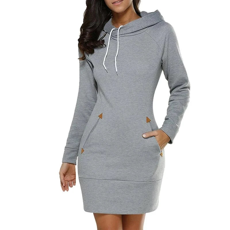 T-line Women‘s Knee-Length, Pockets, Dress, Hooded, Warm, Sweat Shirt, Long Sleeve, Side Zip, pullover(2 weeks delivery),