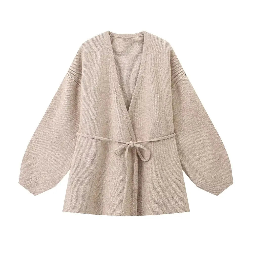 T-line women's knitted lace up cardigan top and pants set (5 - 10  work days free delivery)