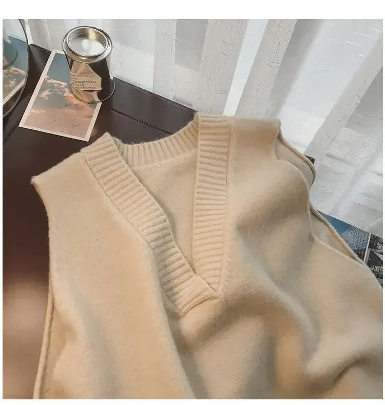 T-line Women's Korean Style V-neck Sweater vest Knit Vest Simple Preppy Style Loose Fit Outer Wear Stylish Clip-on Trendy Vest(2 weeks delivery)