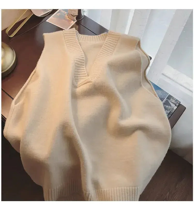 T-line Women's Korean Style V-neck Sweater vest Knit Vest Simple Preppy Style Loose Fit Outer Wear Stylish Clip-on Trendy Vest(2 weeks delivery)