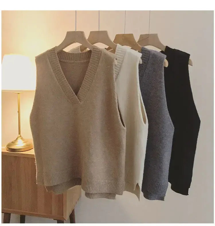 T-line Women's Korean Style V-neck Sweater vest Knit Vest Simple Preppy Style Loose Fit Outer Wear Stylish Clip-on Trendy Vest(2 weeks delivery)