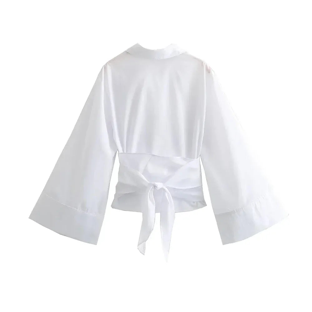 T-line Women's Long Sleeve Kimono Blouses With Bow Tie , Female Shirts  (5 - 10  work days free delivery)