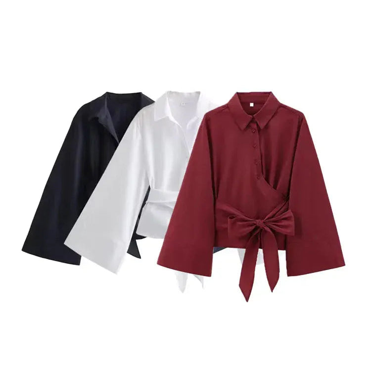 T-line Women's Long Sleeve Kimono Blouses With Bow Tie , Female Shirts  (5 - 10  work days free delivery)