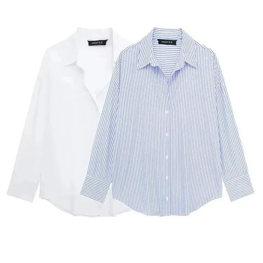 T-line Women's  Long Sleeve Lapel Blouses, V-neck, Single Breasted, Loose, Shirt, Tops (2 weeks delivery)