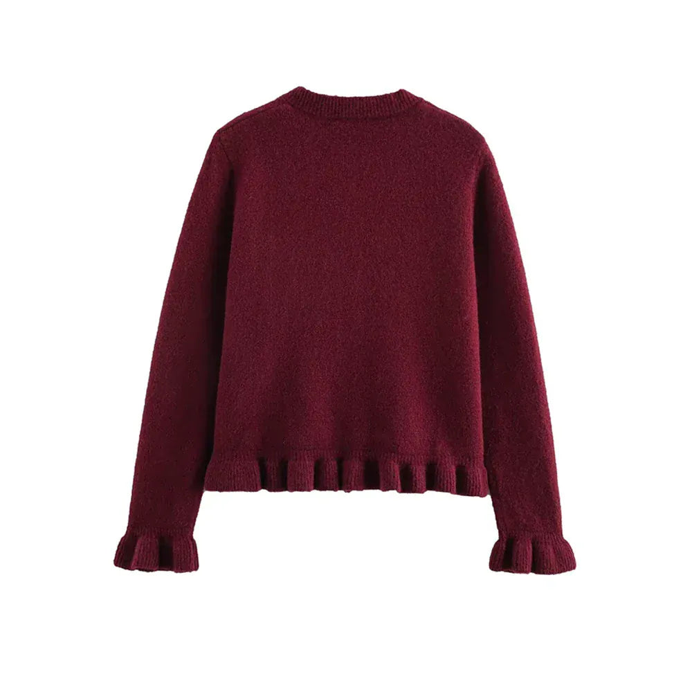 T-line Women's Ruffled Knit Cardigan Sweater O-Neck Long Sleeve Chic Top with Front Buttons Fashion Outerwear