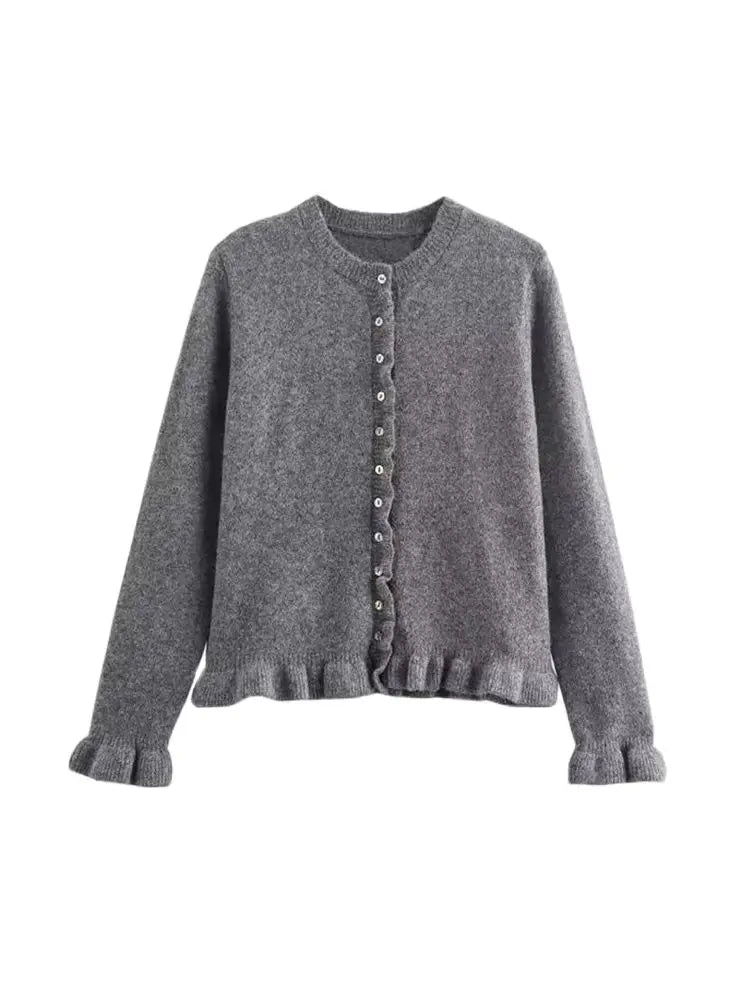 T-line Women's Ruffled Knit Cardigan Sweater O-Neck Long Sleeve Chic Top with Front Buttons Fashion Outerwear