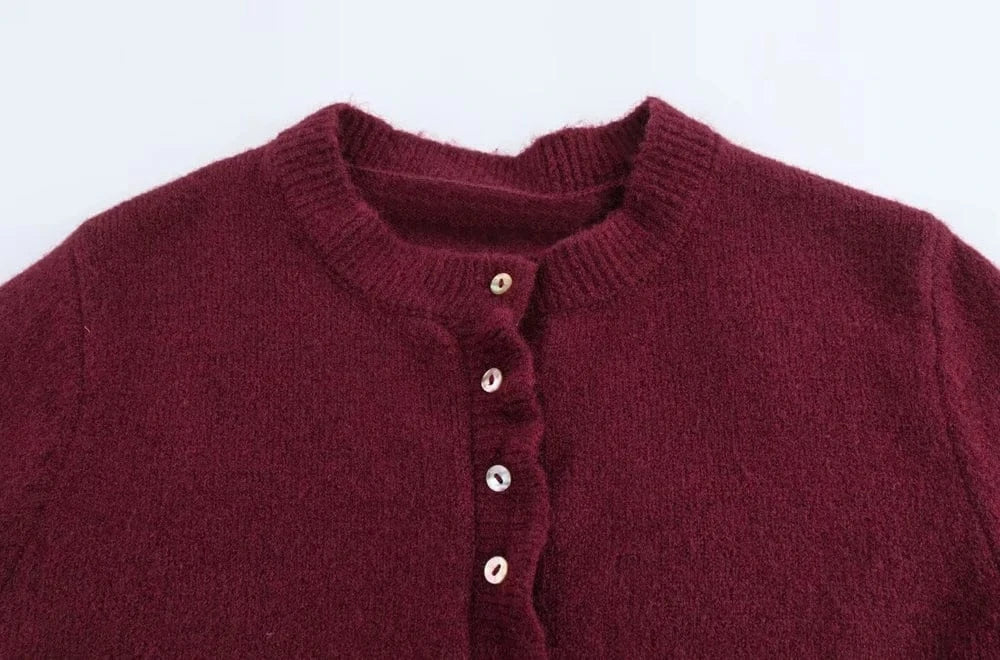 T-line Women's Ruffled Knit Cardigan Sweater O-Neck Long Sleeve Chic Top with Front Buttons Fashion Outerwear