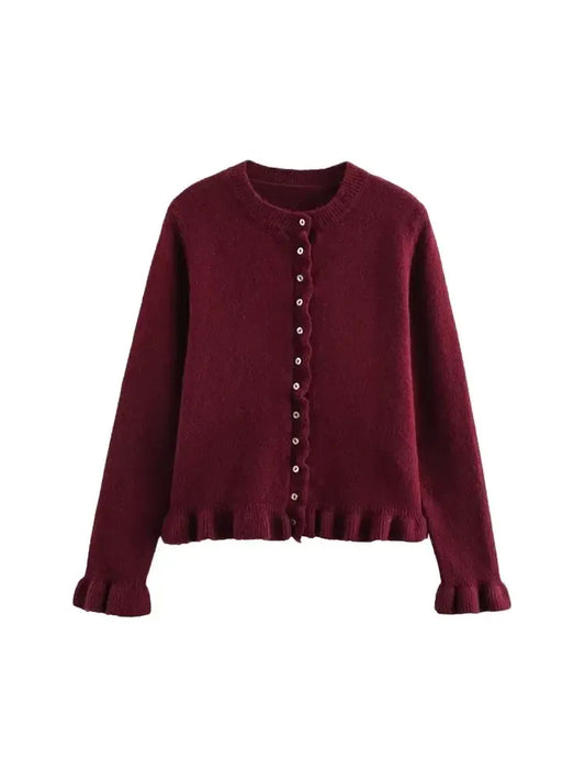 T-line Women's Ruffled Knit Cardigan Sweater O-Neck Long Sleeve Chic Top with Front Buttons Fashion Outerwear