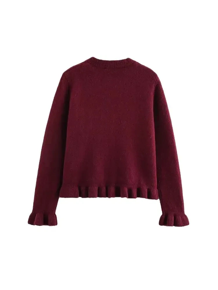 T-line Women's Ruffled Knit Cardigan Sweater O-Neck Long Sleeve Chic Top with Front Buttons Fashion Outerwear