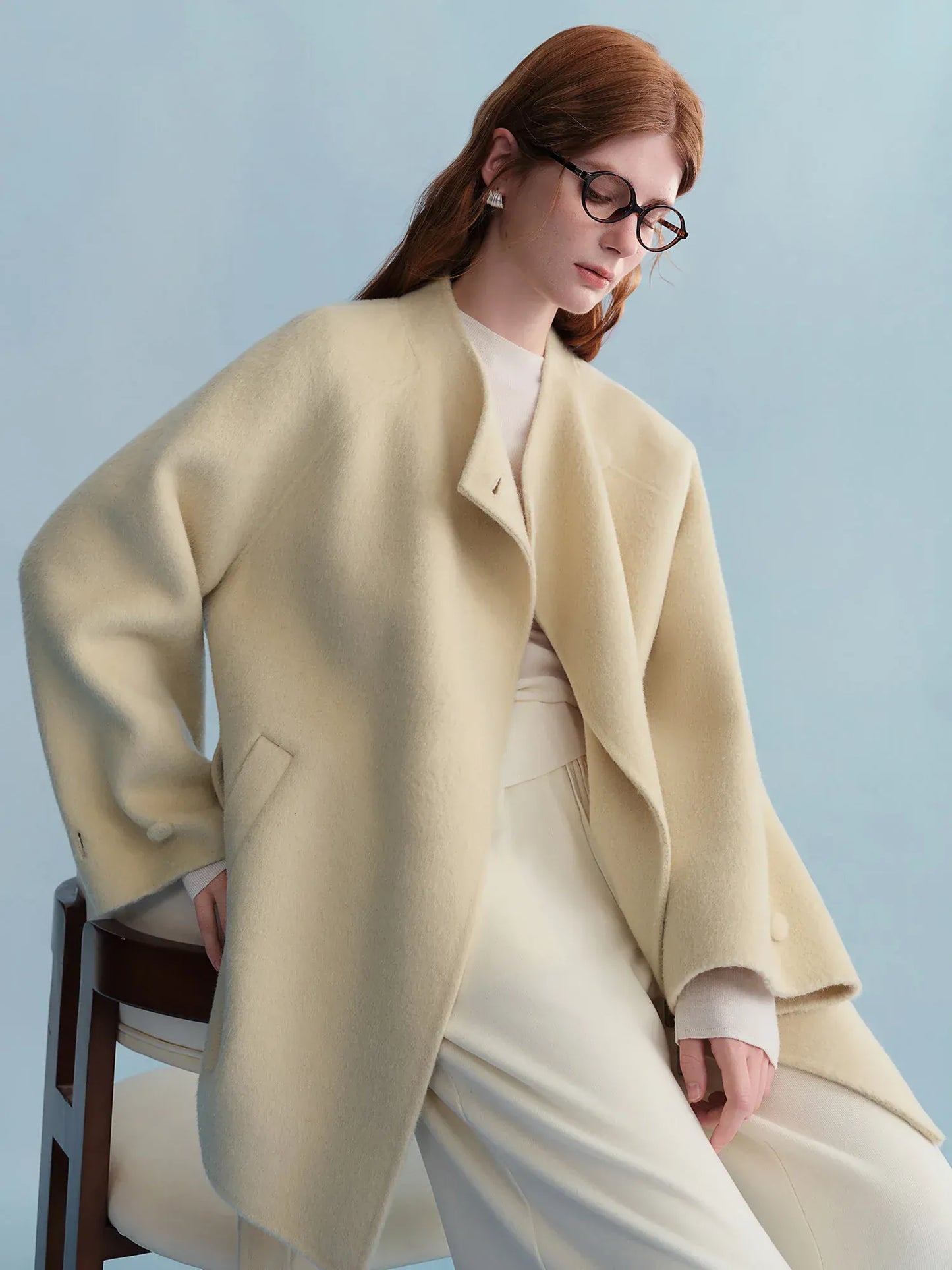 T-line Women's Short Alpaca Blend Coat - Double Faced Wool Blend Tweed Jacket with Stand  Casual Elegance(2 weeks delivery)