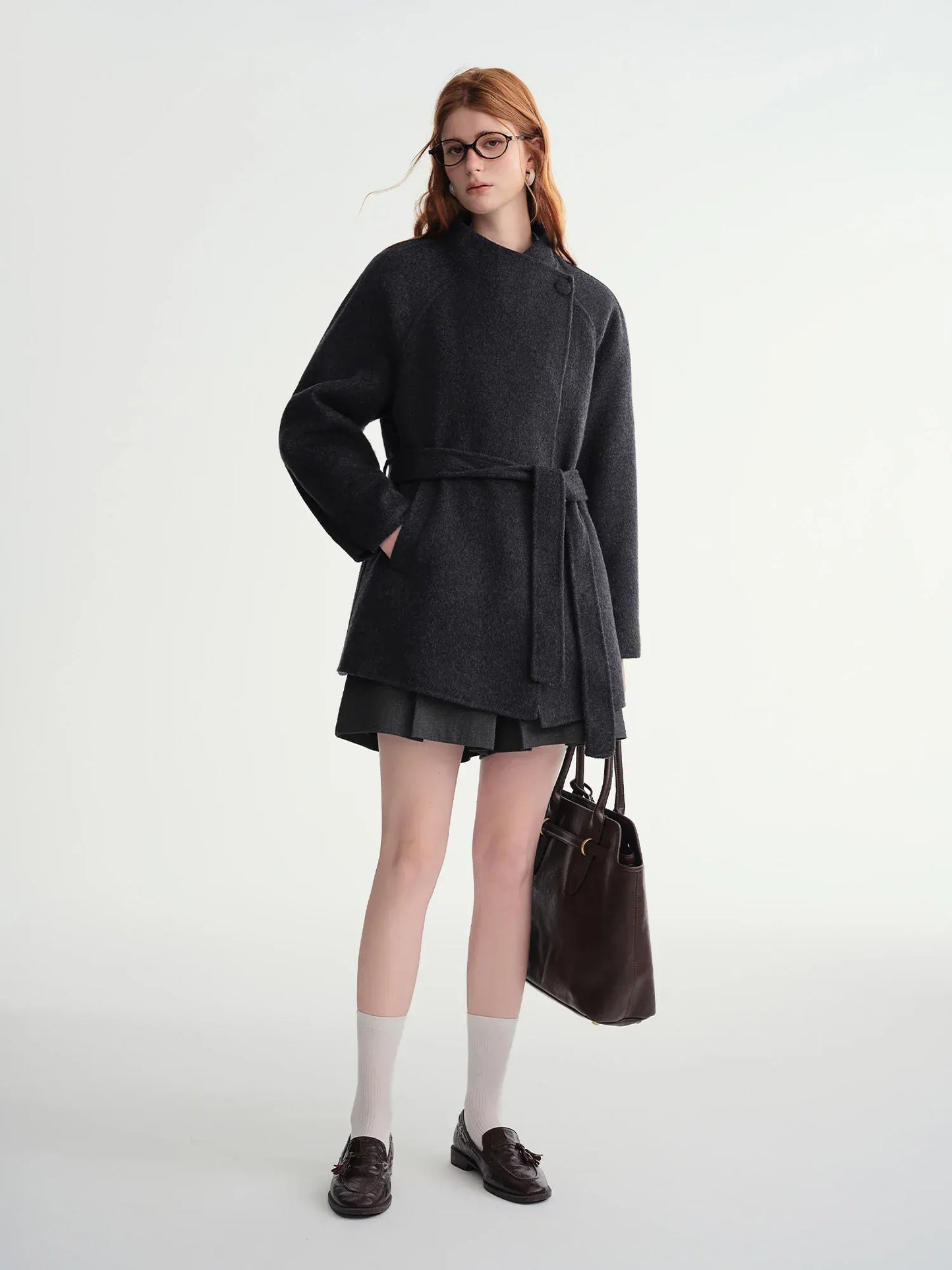 T-line Women's Short Alpaca Blend Coat - Double Faced Wool Blend Tweed Jacket with Stand  Casual Elegance(2 weeks delivery)