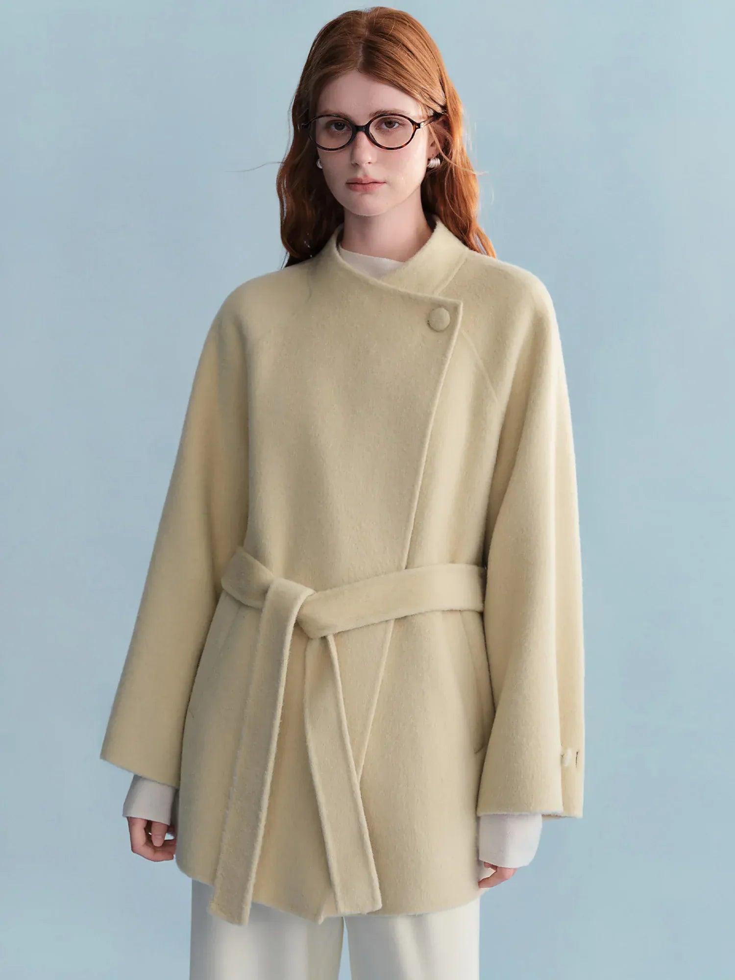 T-line Women's Short Alpaca Blend Coat - Double Faced Wool Blend Tweed Jacket with Stand  Casual Elegance(2 weeks delivery)