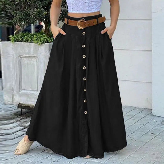 T-line Women's Skirts, Spring/ summer,  High Wasit, Solid, Long Skirt, Buttons  (2 weeks delivery)