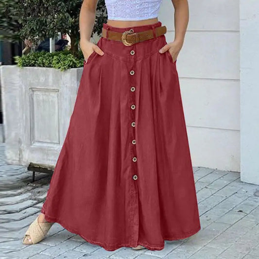 T-line Women's Skirts, Spring/ summer,  High Wasit, Solid, Long Skirt, Buttons  (2 weeks delivery)