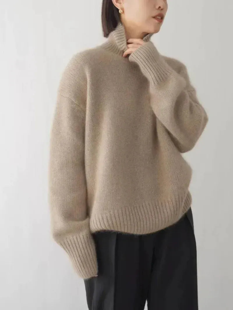T-line Women's Sweater, Autumn / winter,   High Neck Knitted Jumper,  Solid Colour, Loose Long-sleeved Knit Sweater  (2 weeks delivery)