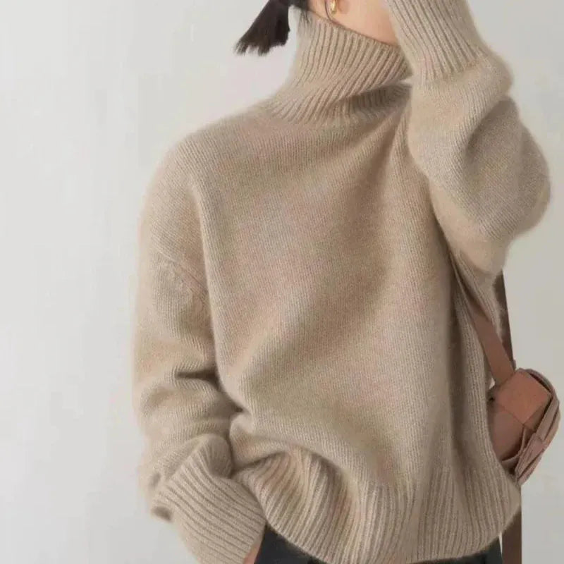 T-line Women's Sweater, Autumn / winter,   High Neck Knitted Jumper,  Solid Colour, Loose Long-sleeved Knit Sweater  (2 weeks delivery)