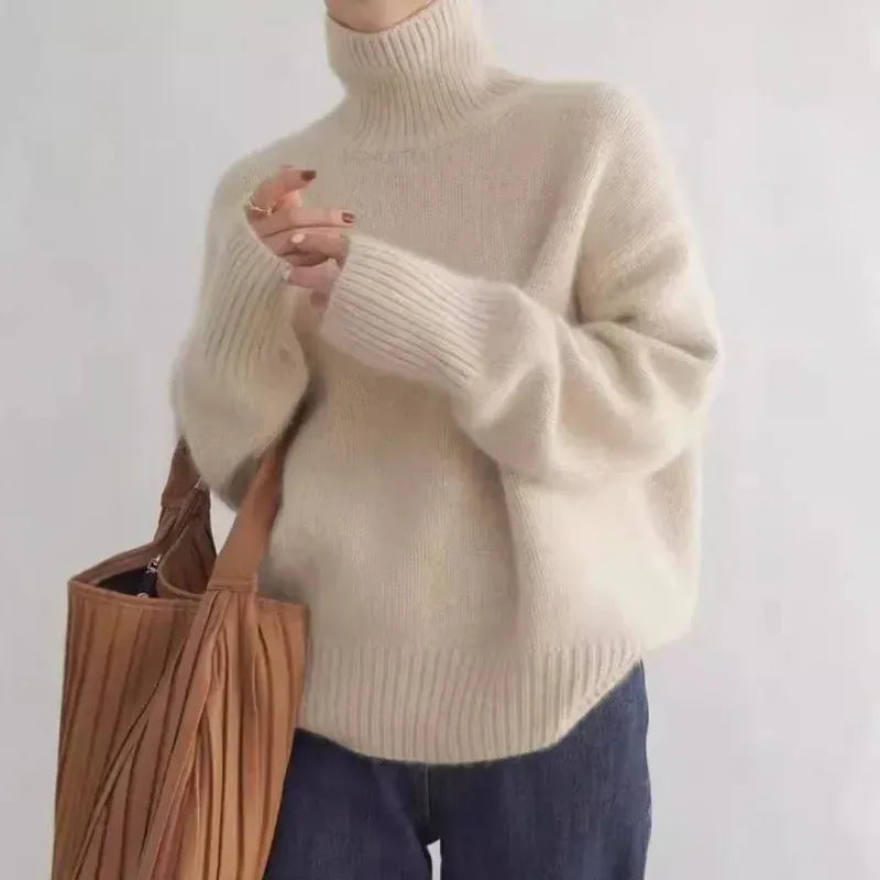 T-line Women's Sweater, Autumn / winter,   High Neck Knitted Jumper,  Solid Colour, Loose Long-sleeved Knit Sweater  (2 weeks delivery)
