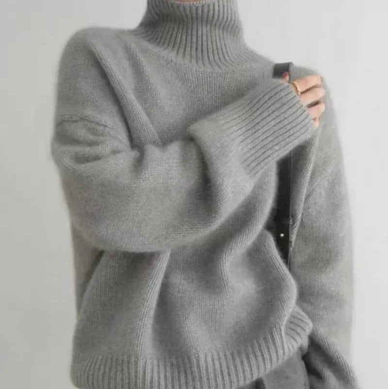 T-line Women's Sweater, Autumn / winter,   High Neck Knitted Jumper,  Solid Colour, Loose Long-sleeved Knit Sweater  (2 weeks delivery)