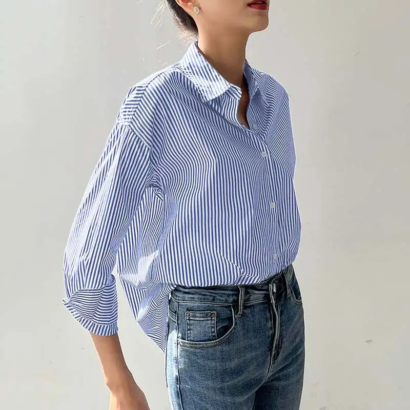 T-line Women Striped Blouse, Shirts, Loose, Long Sleeve,  Button Up,  Tops (2 weeks delivery)