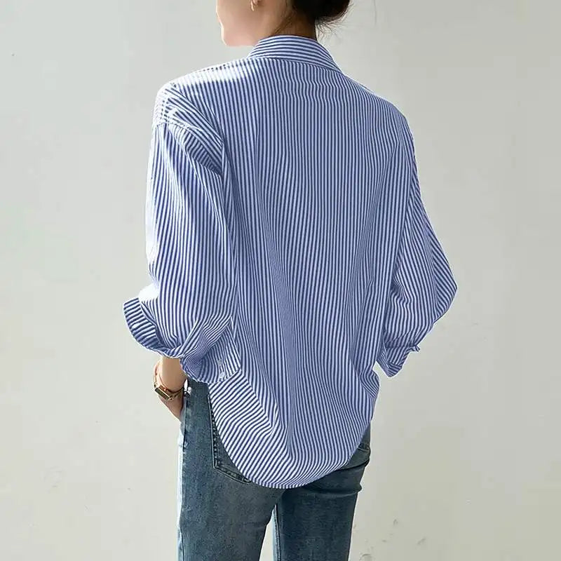 T-line Women Striped Blouse, Shirts, Loose, Long Sleeve,  Button Up,  Tops (2 weeks delivery)