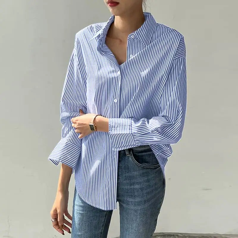 T-line Women Striped Blouse, Shirts, Loose, Long Sleeve,  Button Up,  Tops (2 weeks delivery)